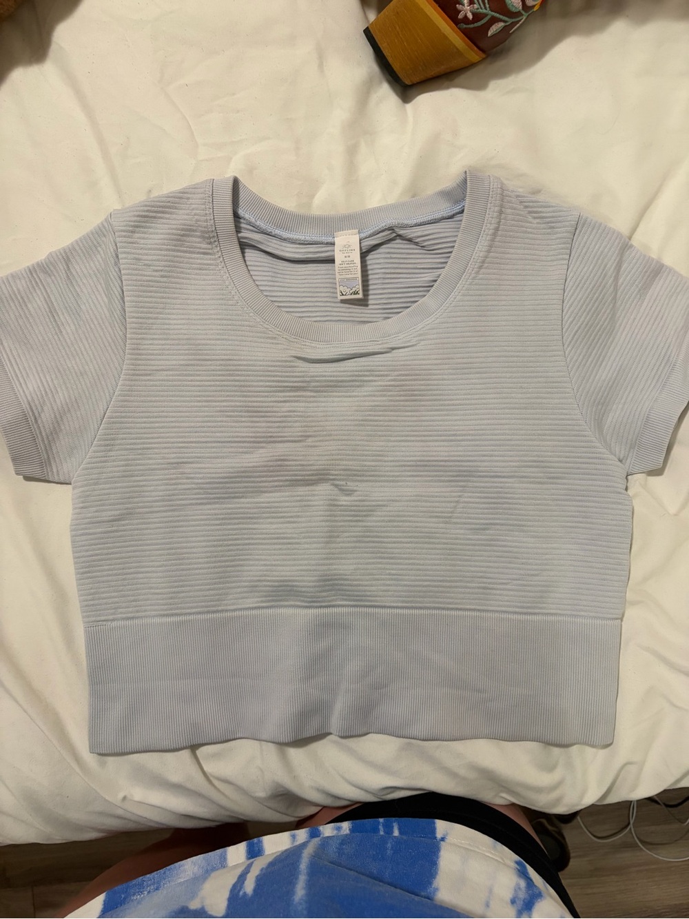 aerie Light Blue Ribbed Cropped Short Sleeve Top